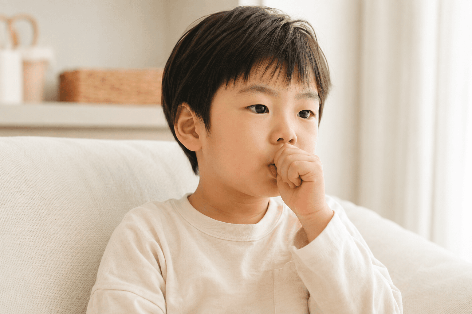 소파에 앉아 오른손 엄지손가락을 입에 문 채 옆을 바라보고 있는 3~4세 남자아이